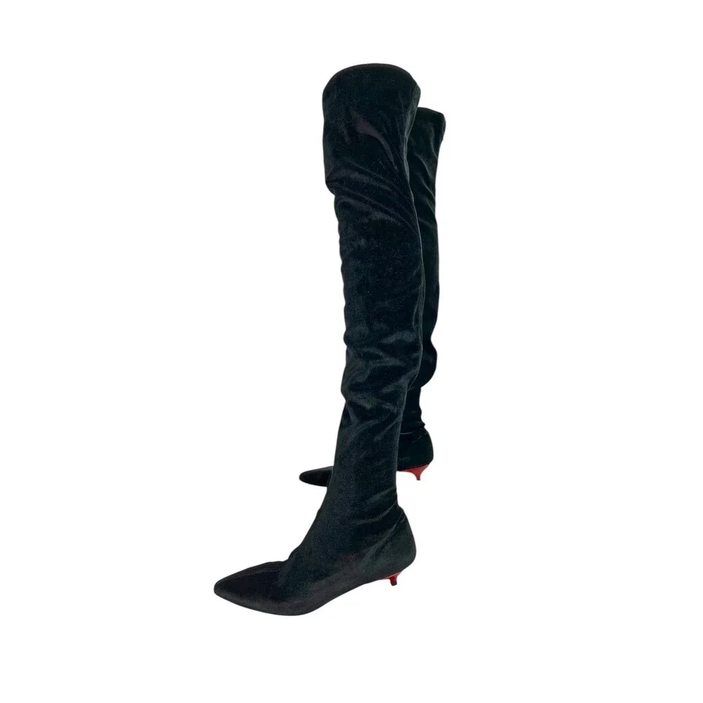 Gia Couture Boom Black Velvet Over The Knee OTK Boots Red Kitten Heels EU 38, 8